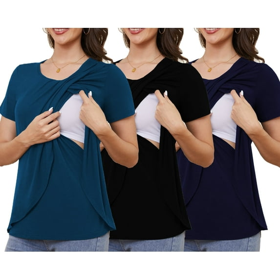 Beaisland Maternity Shirts Short Sleeve Nursing Tops, 3-Pack