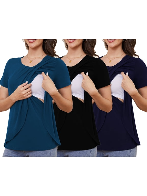 Maternity Shirts Short Sleeve Nursing Tops, 3-Pack
