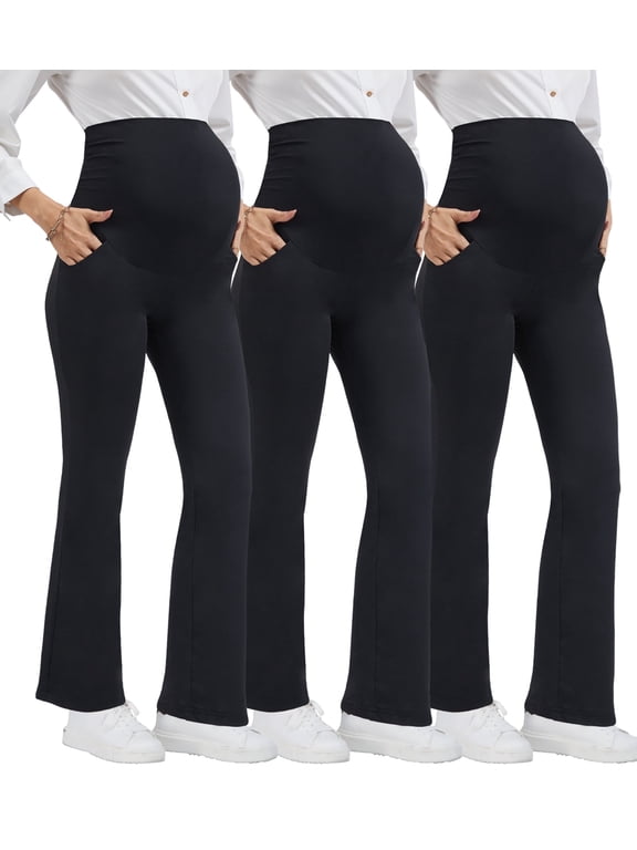 Women's Plus Size Maternity Pants Casual Stretchy Comfy Lounge Leggings Over The Belly Yoga Work Dress Pants with Pockets 3-Pack