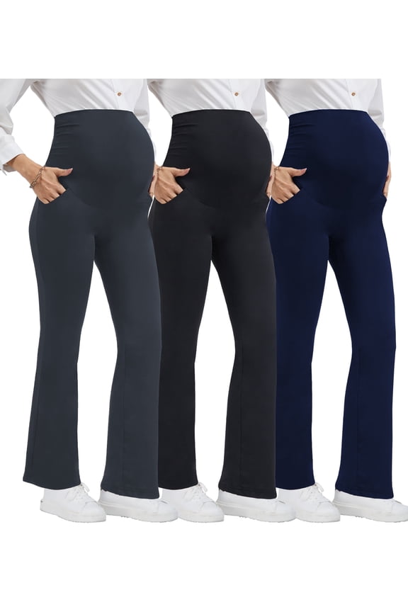 Women's Plus Size Maternity Pants Casual Stretchy Comfy Lounge Leggings Over The Belly Yoga Work Dress Pants with Pockets 3-Pack