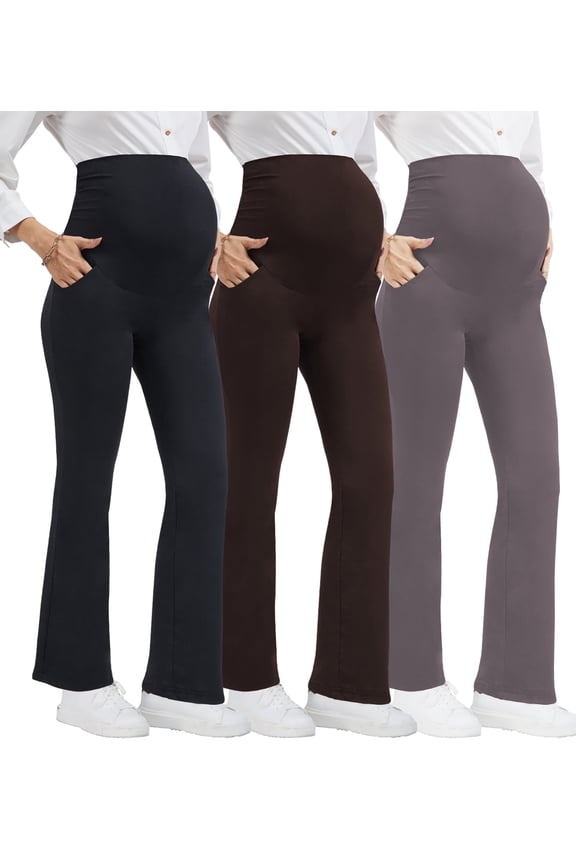 Women's Plus Size Maternity Pants Casual Stretchy Comfy Lounge Leggings Over The Belly Yoga Work Dress Pants with Pockets 3-Pack