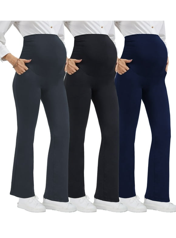 Women's Plus Size Maternity Pants Casual Stretchy Comfy Lounge Leggings Over The Belly Yoga Work Dress Pants with Pockets 3-Pack