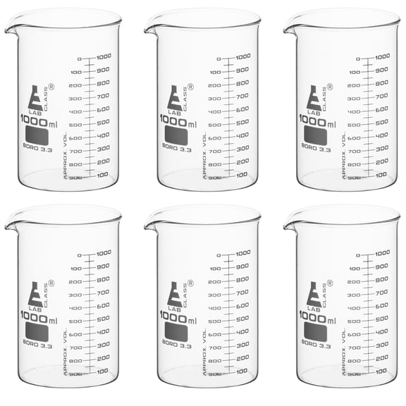 Beaker, 1000ml - ASTM - Low Form with Spout - Dual Scale, White Graduations - Borosilicate 3.3 Glass - Eisco Labs