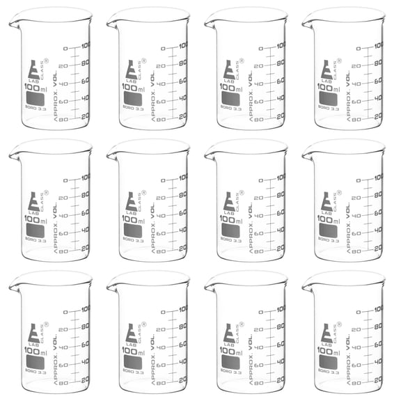 Beaker, 100ml - ASTM - Low Form with Spout - Dual Scale, White Graduations - Borosilicate 3.3 Glass - Eisco Labs