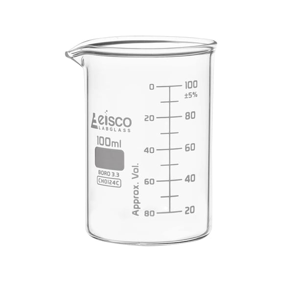 Beaker, 100ml - ASTM - Low Form with Spout - Dual Scale, White Graduations - Borosilicate 3.3 Glass - Eisco Labs