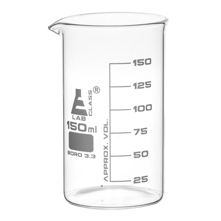 Beaker, 150ml - Tall Form with Spout - White, 25ml Graduations - Borosilicate 3.3 Glass - Eisco Labs