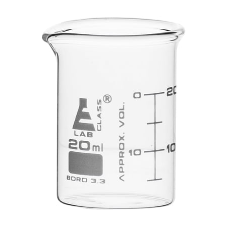 Beaker, 20mL - ASTM - Low Form with Spout - Dual Scale, White Graduations - Borosilicate Glass - Eisco Labs