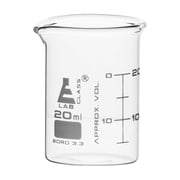Beaker, 20mL - ASTM - Low Form with Spout - Dual Scale, White Graduations - Borosilicate Glass - Eisco Labs