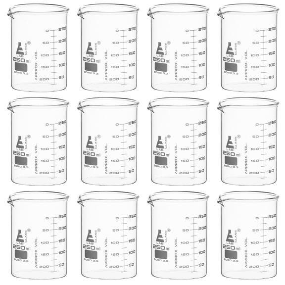 Beaker, 250ml - ASTM - Low Form with Spout - Dual Scale, White Graduations - Borosilicate 3.3 Glass - Eisco Labs