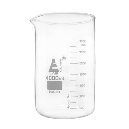 Beaker, 4000mL - Low Form - 500mL Graduations - Borosilicate Glass - Eisco Labs
