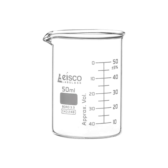 Beaker, 50ml - ASTM - Low Form with Spout - Dual Scale, White Graduations - Borosilicate 3.3 Glass - Eisco Labs