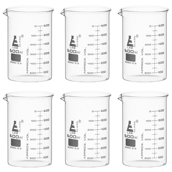 Beaker, 600ml - ASTM - Low Form with Spout - Dual Scale, White Graduations - Borosilicate 3.3 Glass - Eisco Labs