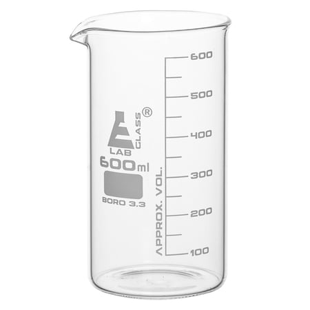 Beaker, 600ml - Tall Form with Spout - White, 50ml Graduations - Borosilicate 3.3 Glass - Eisco Labs