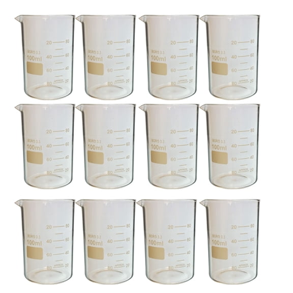 Beaker, Griffin Style, 100ml Capacity, Borosilicate Glass, Graduated. Pack of 12.