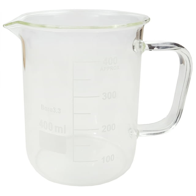 Beaker Mug 400ml with Handle and Pour Spout Borosilicate Glass.
