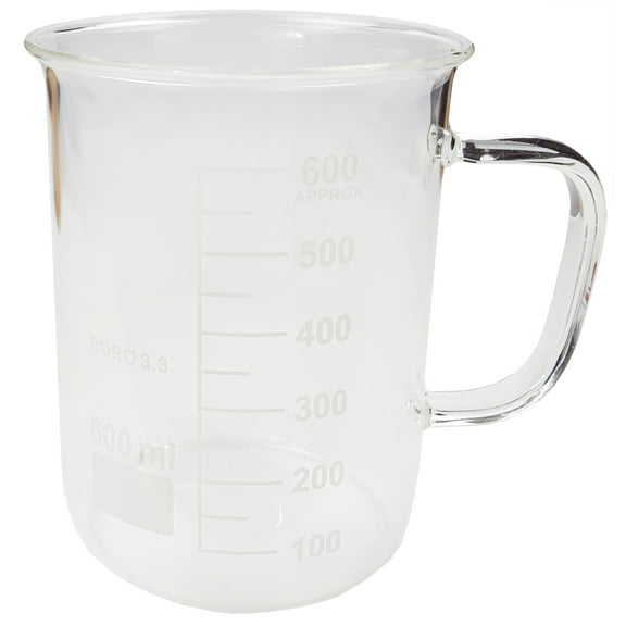 Beaker Mug 600ml with Handle and Pour Spout Borosilicate Glass.