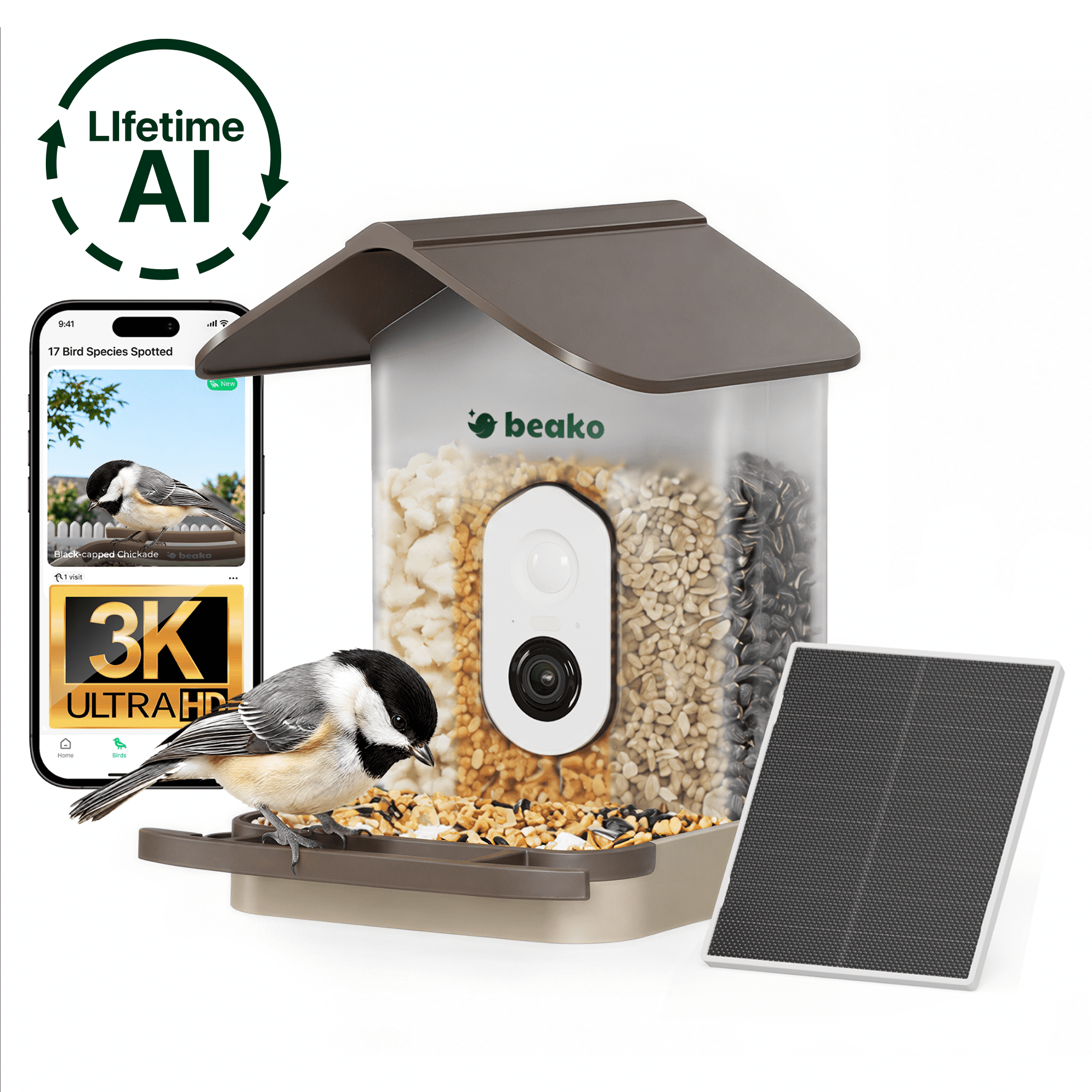 Kiwibit Beako Lifetime AI Smart Bird Feeder with Camera,3K Ultra HD, 2L ...