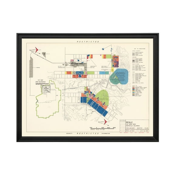 Beale Air Force Base Art, 1952 Vintage Map of Beale Air Force Base History Wall Decor Gift, Old Beale Air Force Base Map - 36" x 24" Black Framed Print