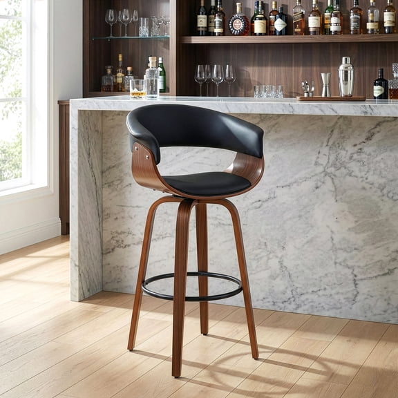 Beale Black Faux Leather Bar Stool with Walnut Wood Accent Legs