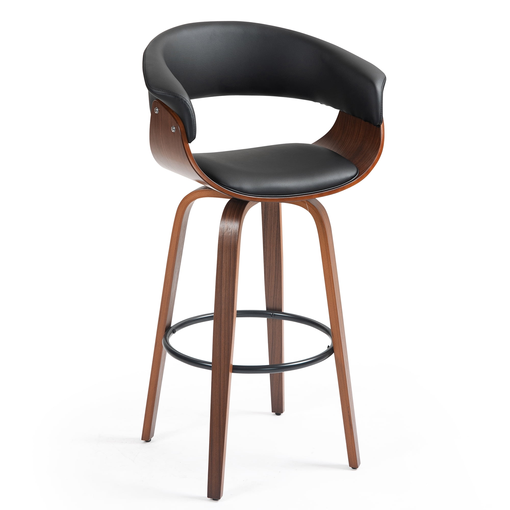 Beale Black Faux Leather Bar Stool with Walnut Wood Legs