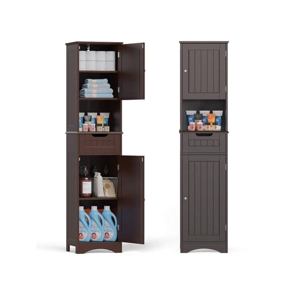 Bealife Brown Tall Bathroom Storage Cabinet, Freestanding Linen Tower