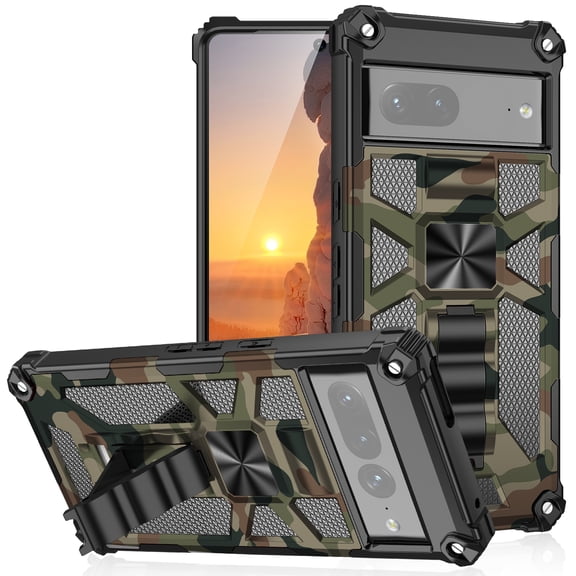 Bealkimm for Google Pixel 7 Case, Camouflage Design Military Grade Hard Back Heavy Duty Shockproof Advanced Protective,Shockproof Raised Edges, Built-in Kickstand and Magnet.Military Green