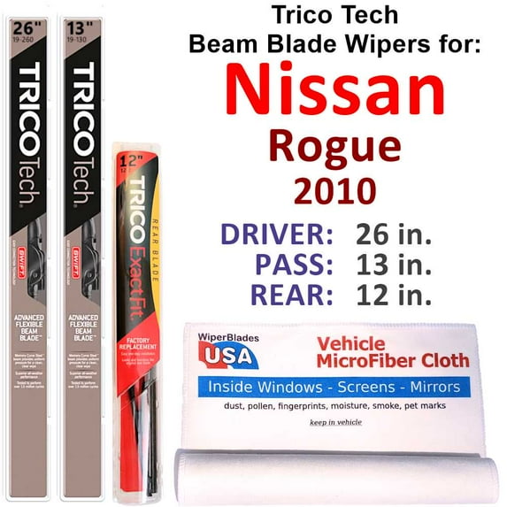 Beam Blade Wipers (Set of 3) w/Rear Wiper compatible with 2010 Nissan Rogue