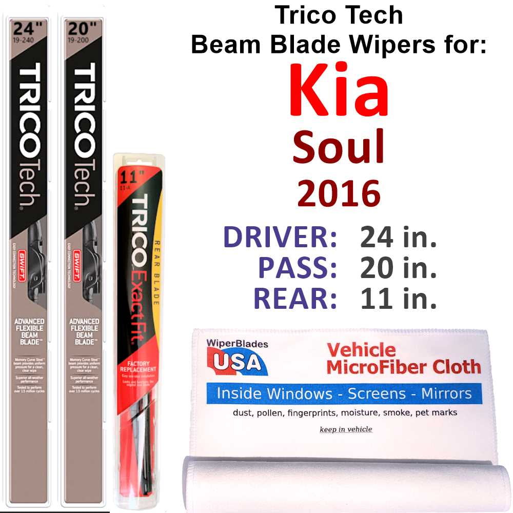 Beam Blade Wipers (Set of 3) w/Rear Wiper compatible with 2016 Kia Soul