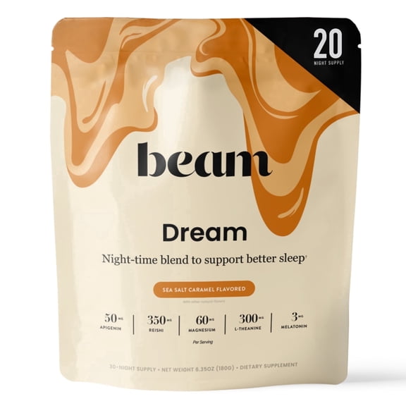Beam Dream Sleep Powder with Melatonin I L-Theanine, Apigenin, Reishi & Magnesium I Third Party Tested Natural Sleep Aid & Sleep Supplement I Health and Wellness Gift I Sea Salt Caramel I 20 Serving