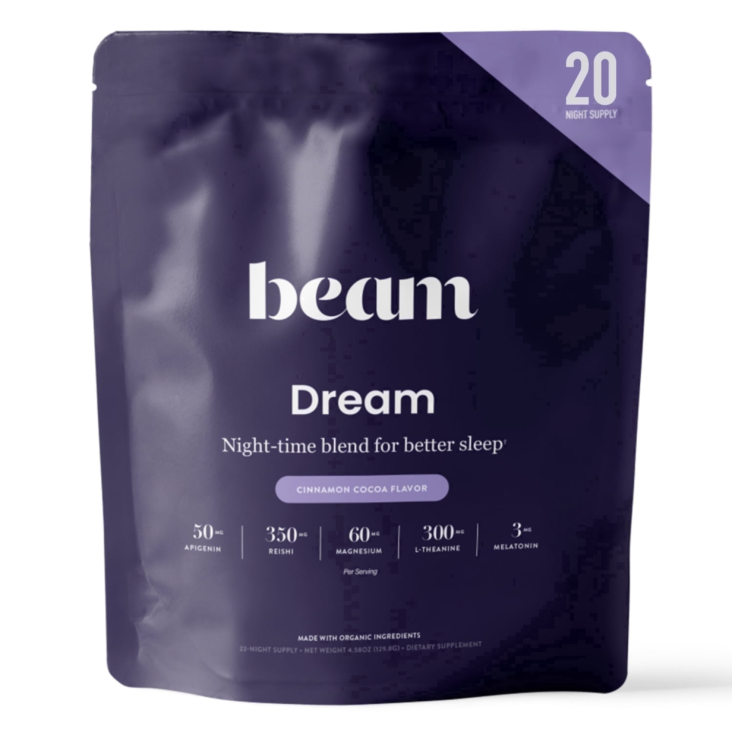 Beam Dream Sleep Powder – Calming Nighttime Cocoa with Magnesium & Apigenin, 20 Servings