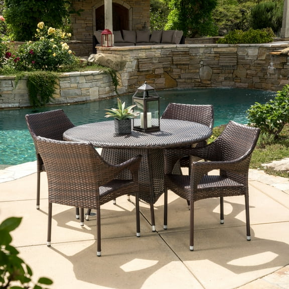 Bean 5-Piece Outdoor Round Wicker Dining Set, Multi-Brown