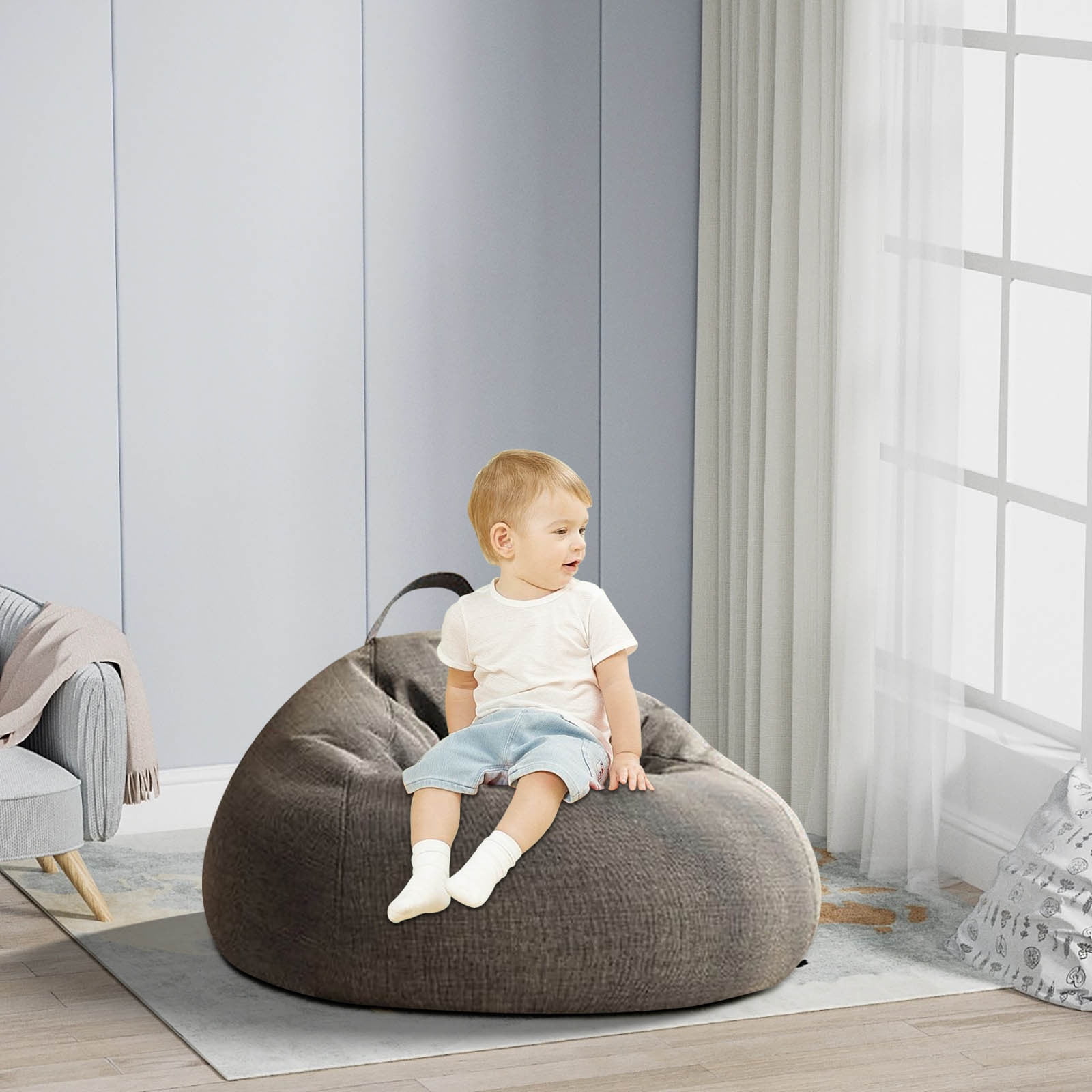 Bean Bag Chair 2.3Ft, Memory Foam Filled, Large Beanbag Chairs for Adults and Teens, Soft Sofa with Removable Flannel Cover, Round Couch for Living Room Bedroom College Dorm