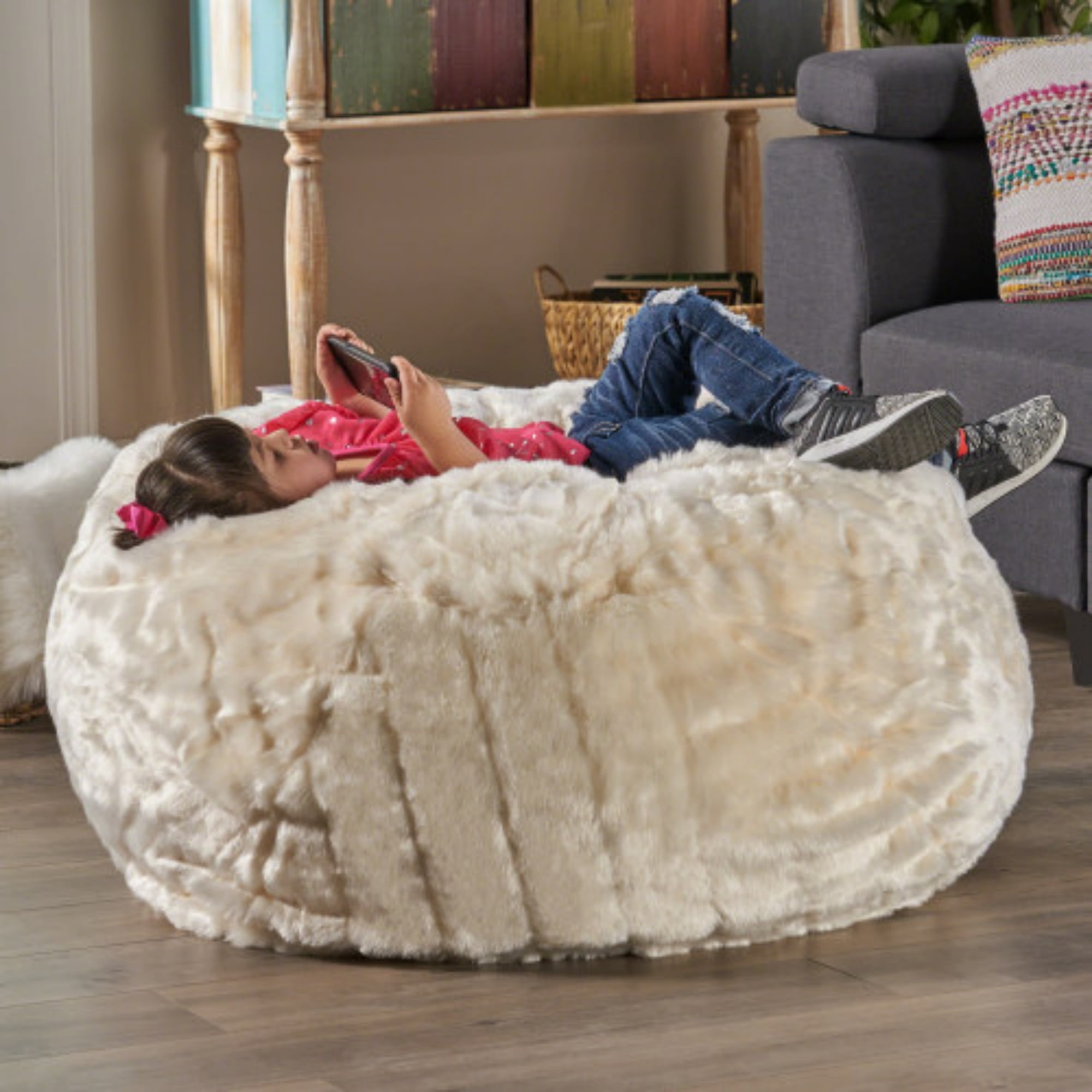 Bean Bag Chair 34 Inch, Faux Fur Round Lounge Chair with Soft Foam Filling, Comfy Floor Chair for Living Room and Bedroom, White