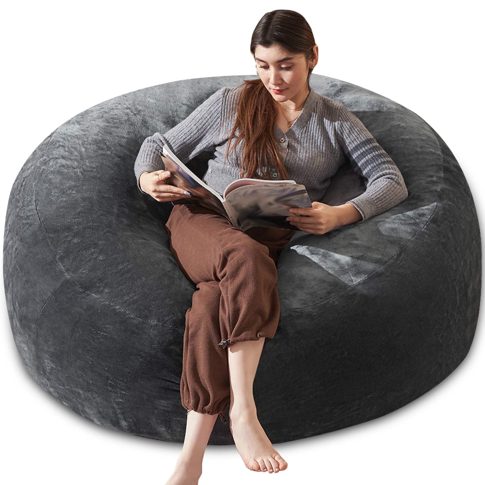 Bean Bag Chair 5FT,  Large Memory Foam Filled Chair for Adults and Teens, Soft Sofa with Removable Flannel Cover, Round Couch for Living Room Bedroom College Dorm