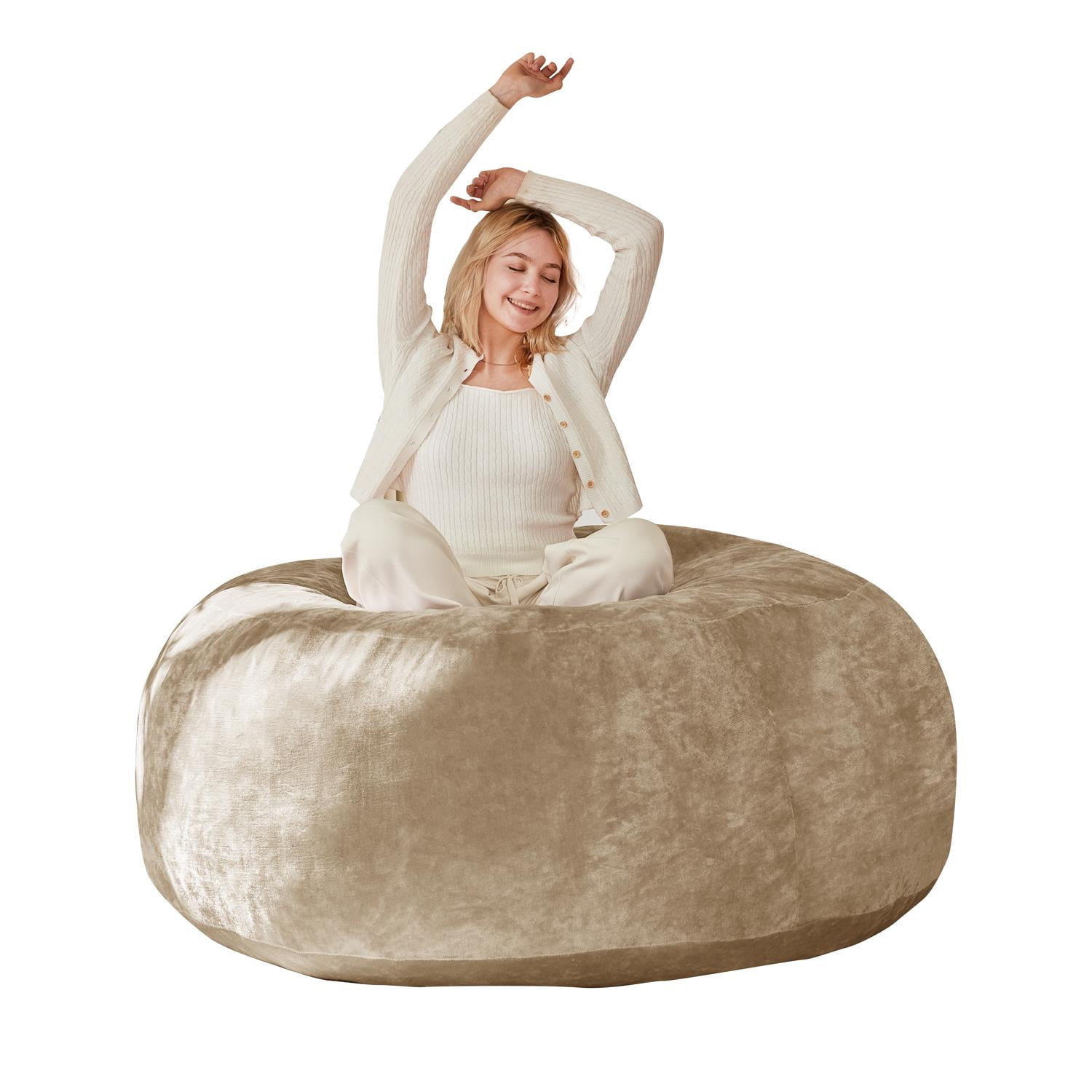 Bean Bag Chair, 5FT Memory Foam Filling Adult and Teen Sofa Chair, Soft Round Sofa with Removable Flannel Cover, for Living Room Bedroom and Dorm, Khaki
