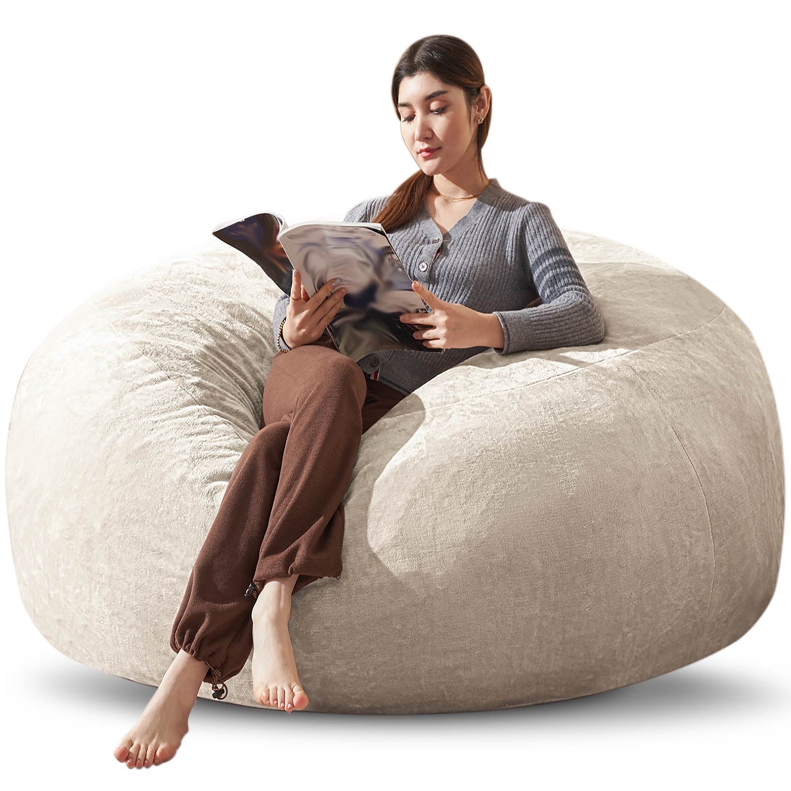 Bean Bag Chair 6FT,  Large Memory Foam Filled Chair for Adults and Teens, Soft Sofa with Removable Flannel Cover, Round Couch for Living Room Bedroom College Dorm