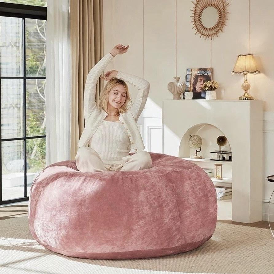 Bean Bag Chair, 6FT Memory Foam Filling Adult and Teen Sofa Chair, Soft Round Sofa with Removable Flannel Cover, for Living Room Bedroom and Dorm, Pink