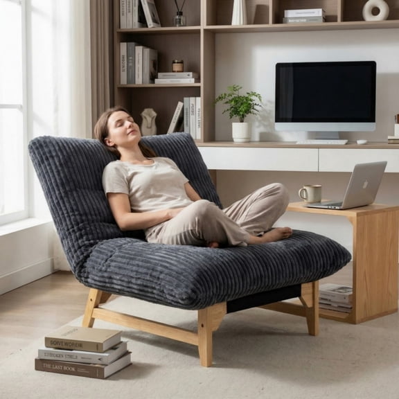 Bean Bag Chair for Adults, Accent Armless Lounge Chair with Solid Wood Frame, Corduroy Fabric & Supportive Backrest, Casual Single Sofa for Living Room & Bedroom, Dark Gray