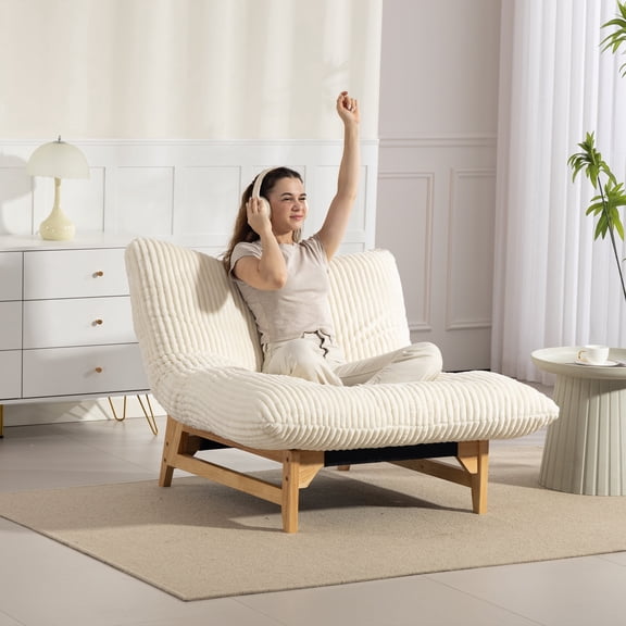 FUNECORP Comfy Accent Reading Chair Oversized Corduroy Cloud Chair Solid Wood Frame off White for Living Room