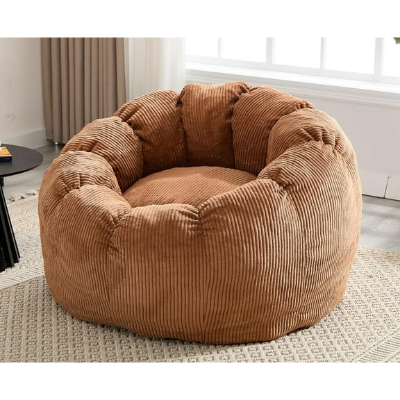 Bean Bag Chair for Adults and Kids, Corduroy Bean Bag with Filler, Pumpkin Shape, Comfy Stuffed Single Sofa Floor Chair for Living Room, Bedroom, Reading, Gaming, Brown