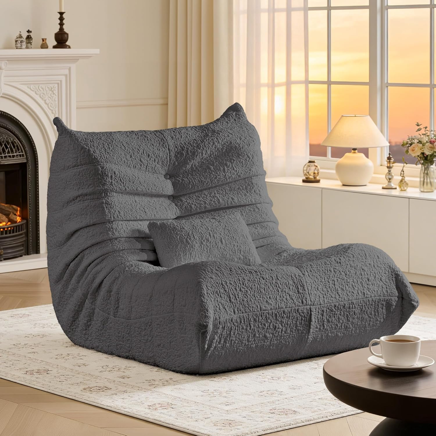 Bean Bag Chair for Adults - Large Bean Bag with Lumbar Pillow, Oversized Chenille Boneless Chair with High-Rebound Memory Foam, Lazy Floor Sofa for Reading, Gaming, Living Room, Bedroom, Grey