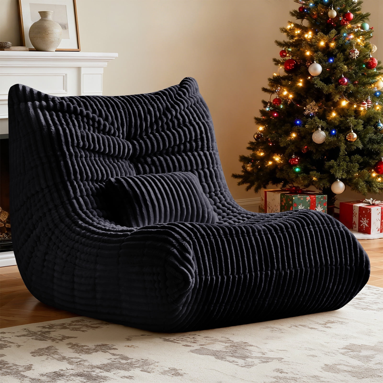 Bean Bag Chair for Adults with Lumbar support pillow, Memory Foam Giant Bean Bag Sofa with Corduroy Material Lazy Sofa for Living Room Bedroom Dorm Office, Black