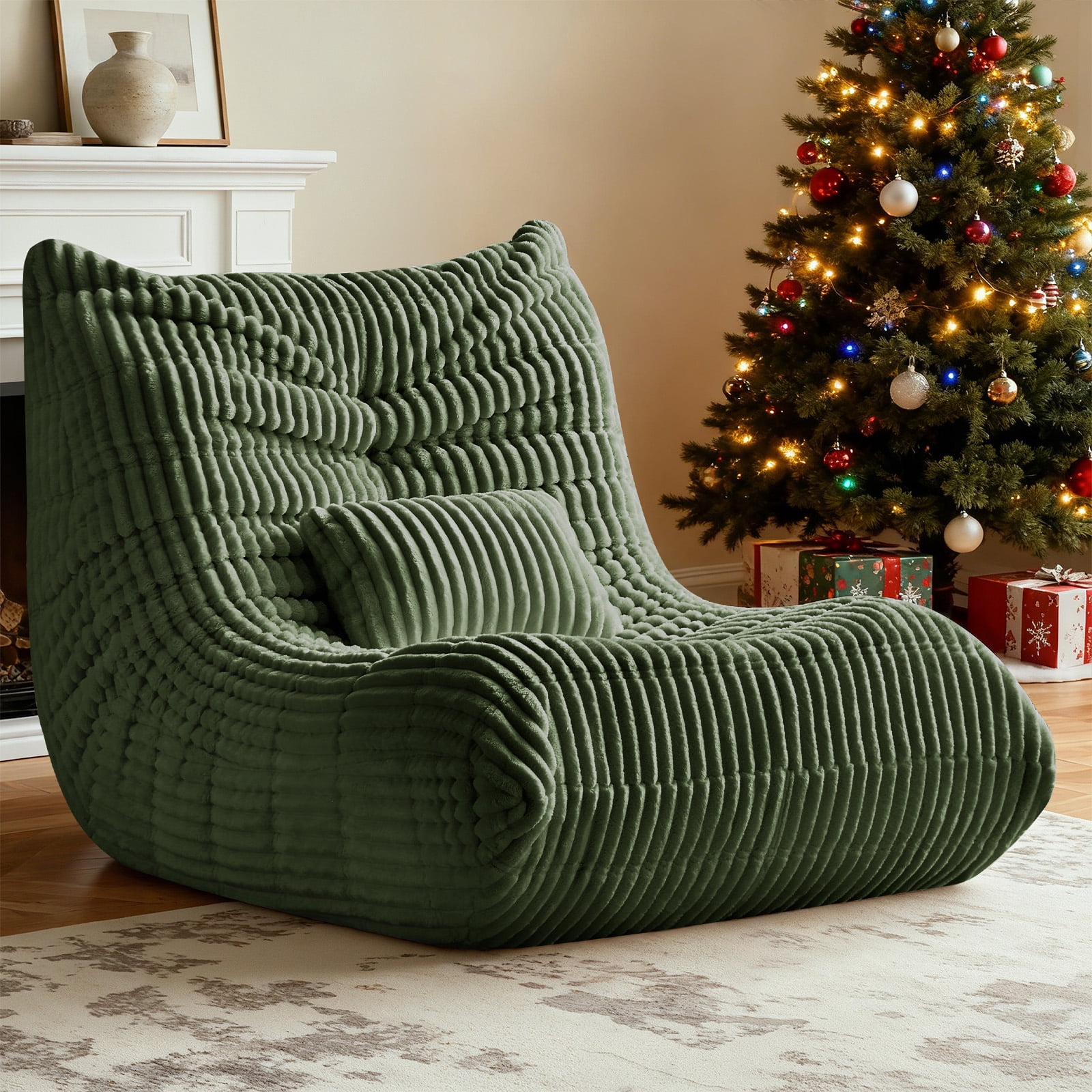 Bean Bag Chair for Adults with Lumbar support pillow Memory Foam Giant Bean Bag Sofa with Corduroy Material Lazy Sofa for Living Room Bedroom Dorm Office, Green