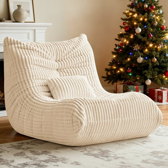 Bean Bag Chair for Adults with Lumbar support pillow, Memory Foam Giant Bean Bag Sofa with Corduroy Material Lazy Sofa for Living Room Bedroom Dorm Office, White