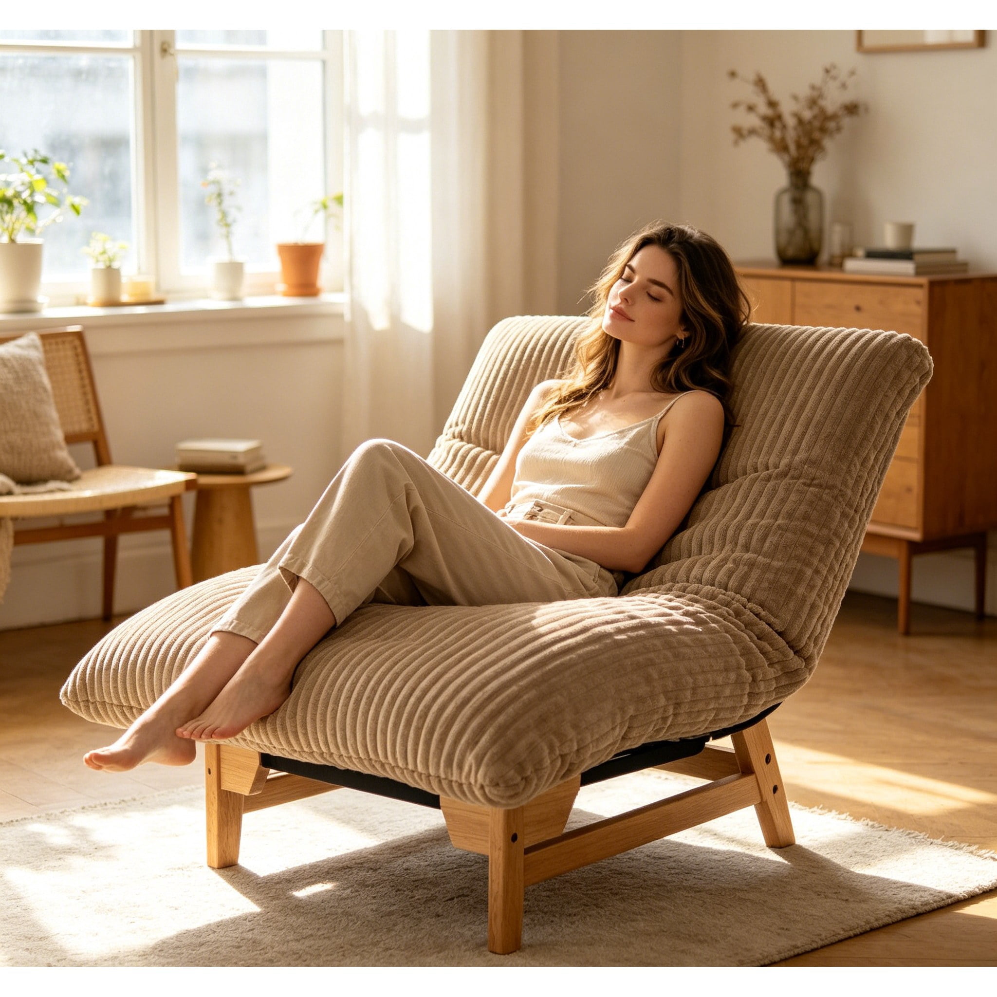 Bean Bag Chair For Adults With Solid Wood Frame,Accent Armless Lazy Sofa, Casual Single Sofa, Corduroy Fabric, For Living Room And Bedroom, With Backrest, Single Seat