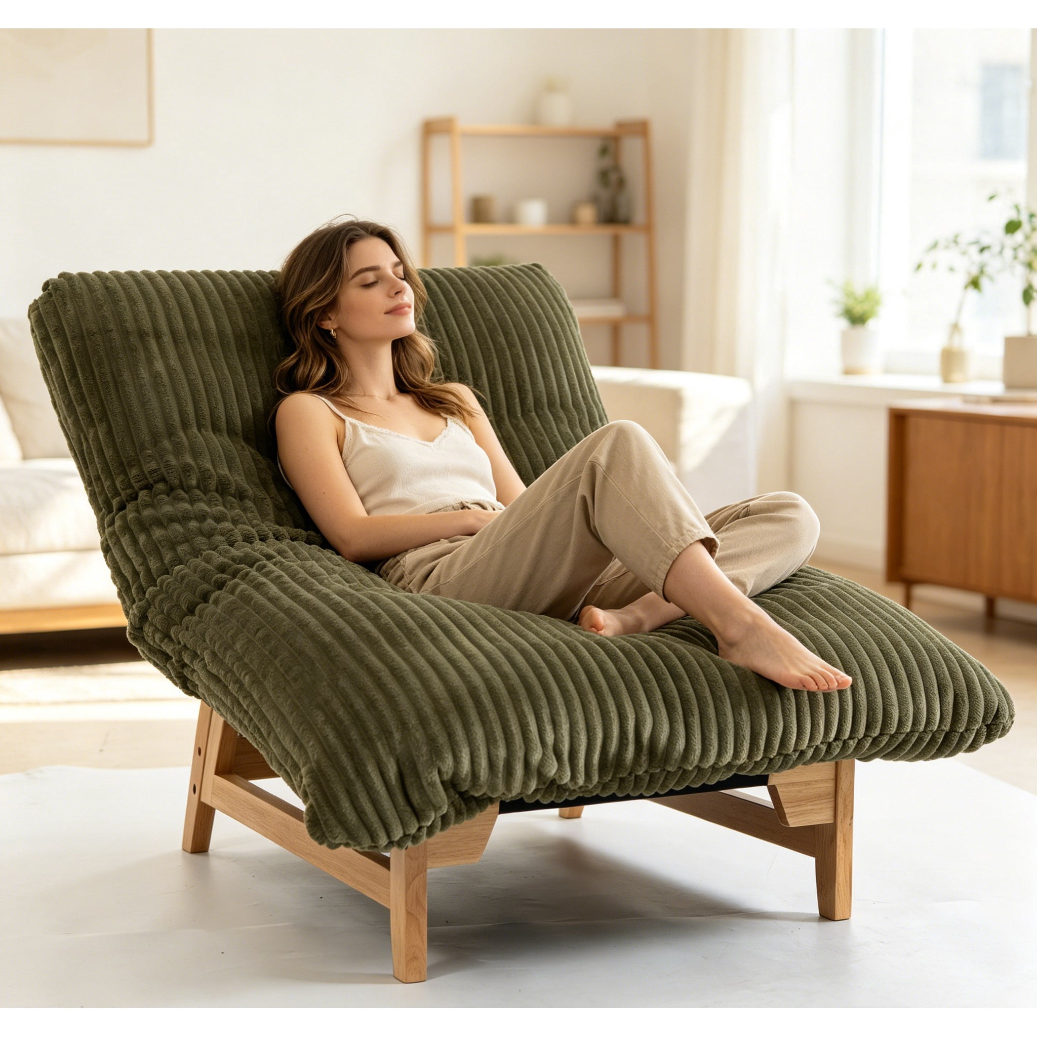 Bean Bag Chair For Adults With Solid Wood Frame,Accent Armless Lazy Sofa, Casual Single Sofa, Corduroy Fabric, For Living Room And Bedroom, With Backrest, Single Seat
