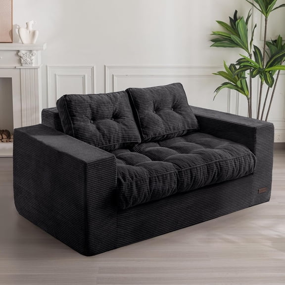 Bean Bag Chair for Adults, Upholstered Floor Sofa with Armrests, Loveseat Boneless Couch with Tufted Cushion & Backrest, Sofa in A Box, Large Bean Bag Couch for Bedroom Living Room, Black