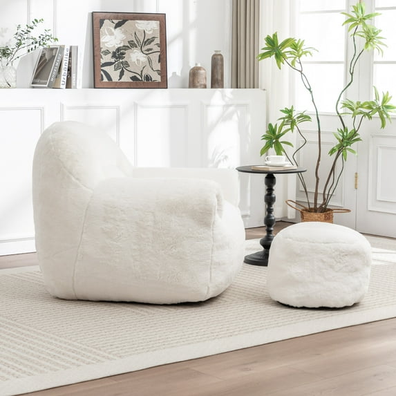Bean Bag Chair Bean Bag Chair, Comfy Bean Bag Sofa with Back Support, With Footstool,Faux Fur Bean Bag Chair for Adults and , Stuffed Floor Sofa for Living Room, Bedroom, Apartment, White,Lazy So