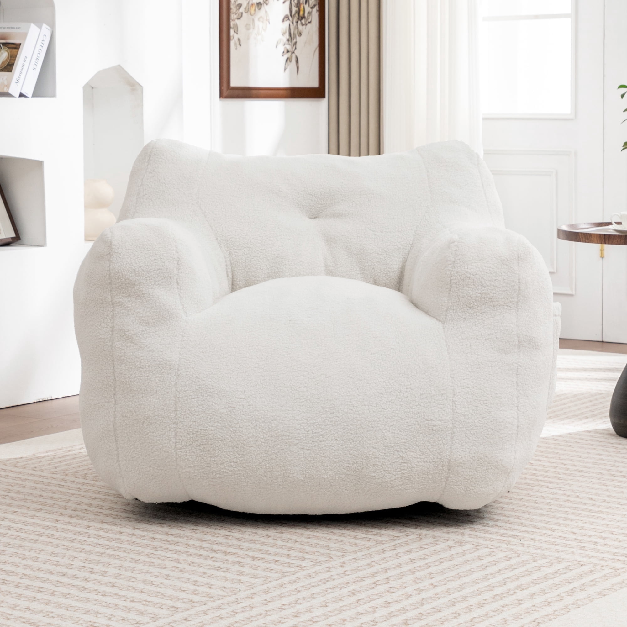 Bean Bag Chair, Bean Bag Sofa Chair with Armrests Stuffed High-Density Foam and Side Pocket, Lazy Sofa Comfy Chairs Bean Bag Chair for Adults in Living Room,Bedroom Reading,Dorms, White
