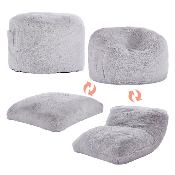 Bean Bag Chair Bed, Convertible Foam Lounger with Washable Cover - Adult Gaming Chair, Reading Chair, Fluffy Plush Queen Grey